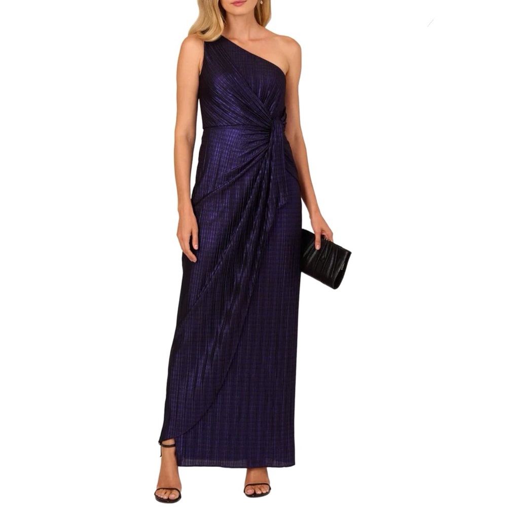 ADRIANNA PAPELL One Shoulder Metallic Knit Draped Gown Purple Size 10